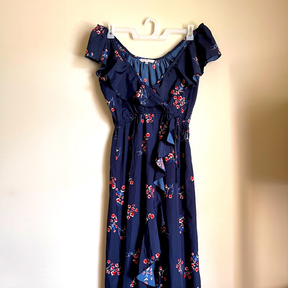 Indulge In Style Women’s Blue Floral High Low Maxi Dress Cold Shoulder size L